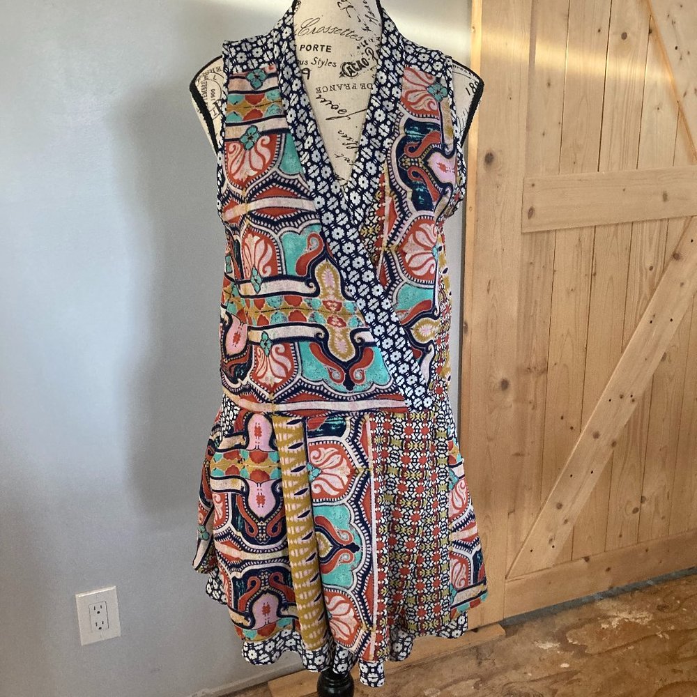 Olivaceous Bohemian Mini Dress Tunic Multicolor Sleeveless Surplice Medium